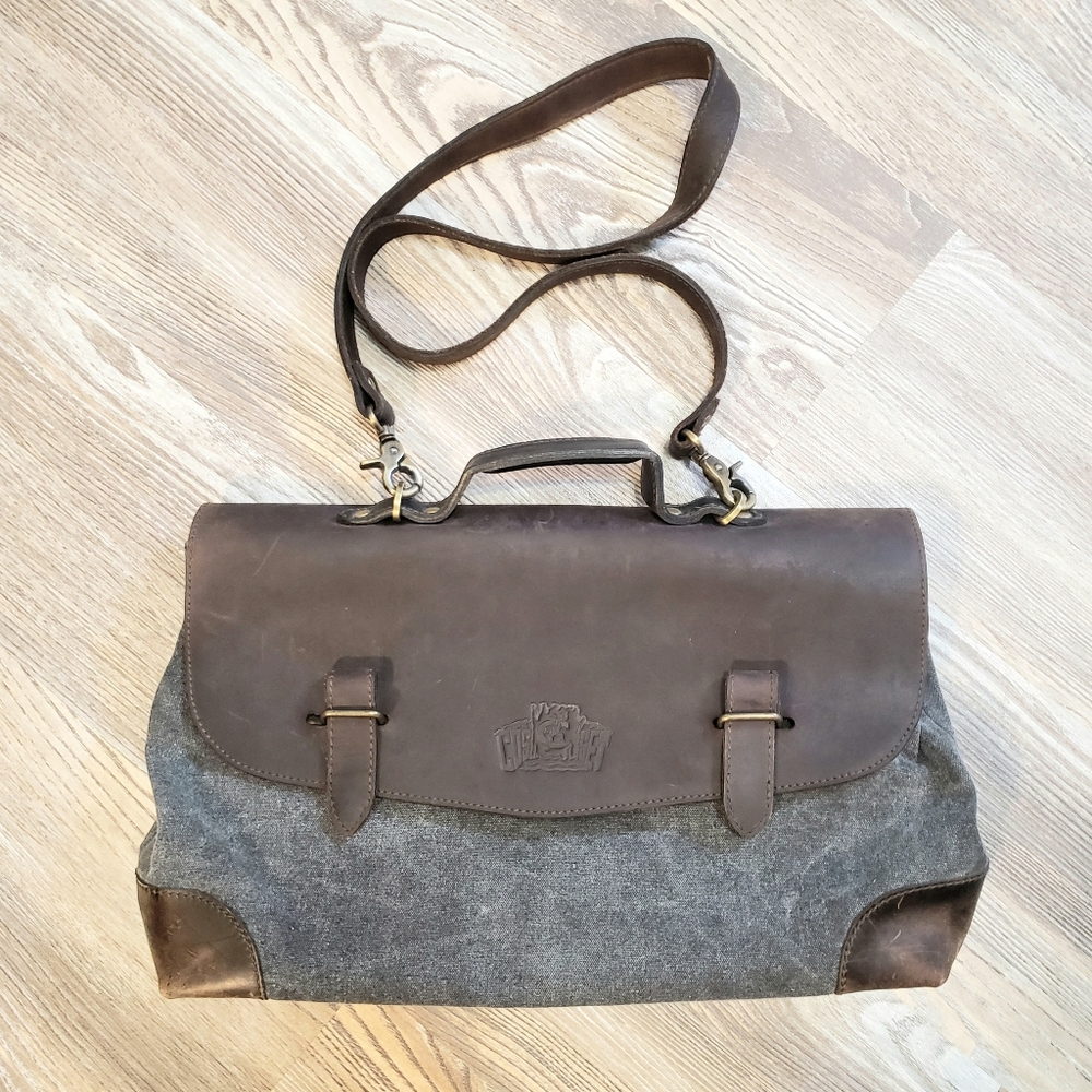 Cosset Calf Leather Canvas Messenger Bag Mens Womens Brown Grey Unisex Studded - Picture 11 of 16
